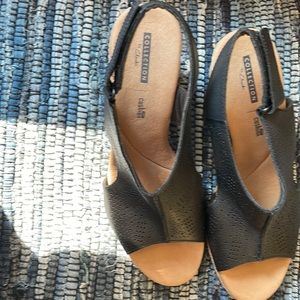 Clarks Women’s Espadrille Wedge Sandals Black Leather Laser Cut Size 10M